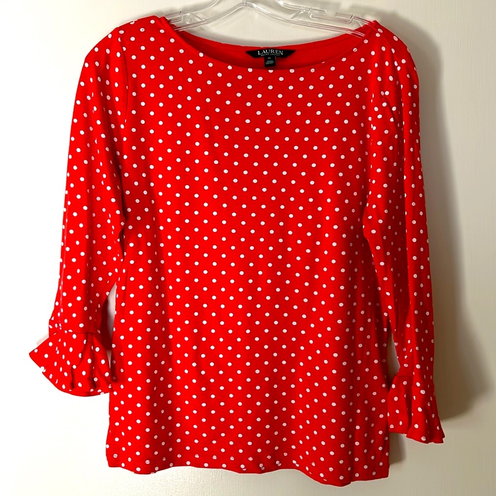Lauren Ralph Lauren red polka dot top with fun sleeves, size XL